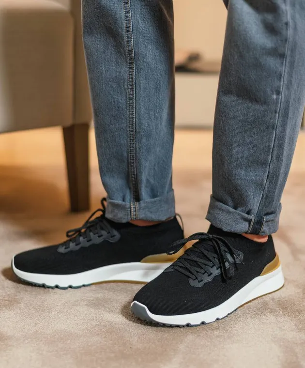 Brunello Cucinelli Black sneakers with leather inserts with a textured logo