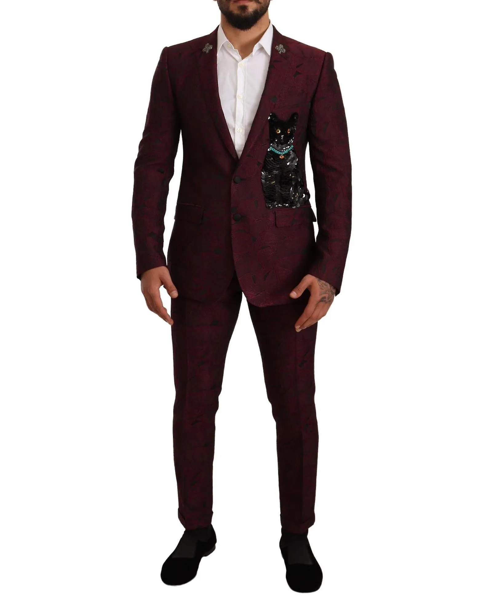 Dolce & Gabbana Sequin Martini 2 Piece Suit with Maroon Leaf Pattern