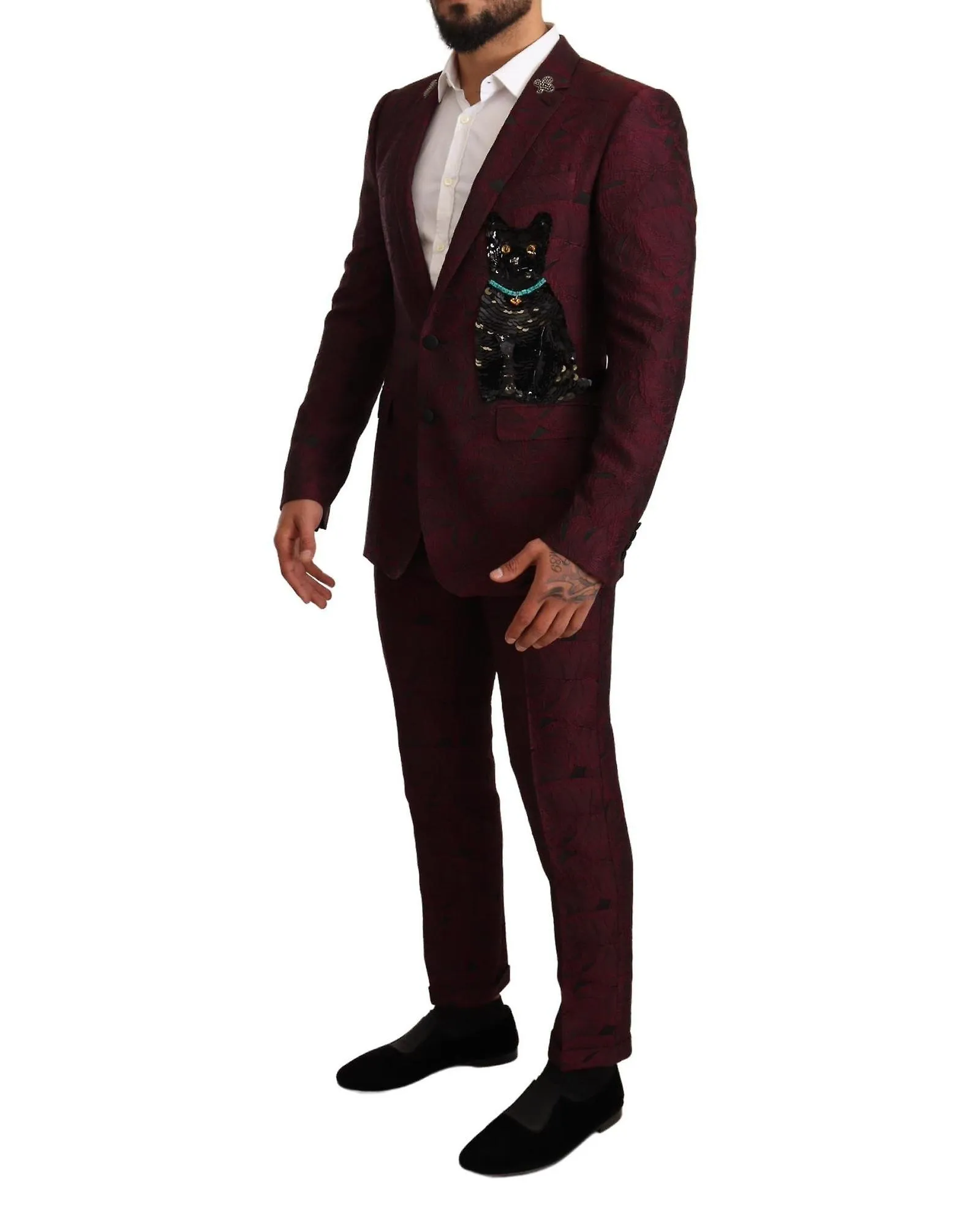 Dolce & Gabbana Sequin Martini 2 Piece Suit with Maroon Leaf Pattern