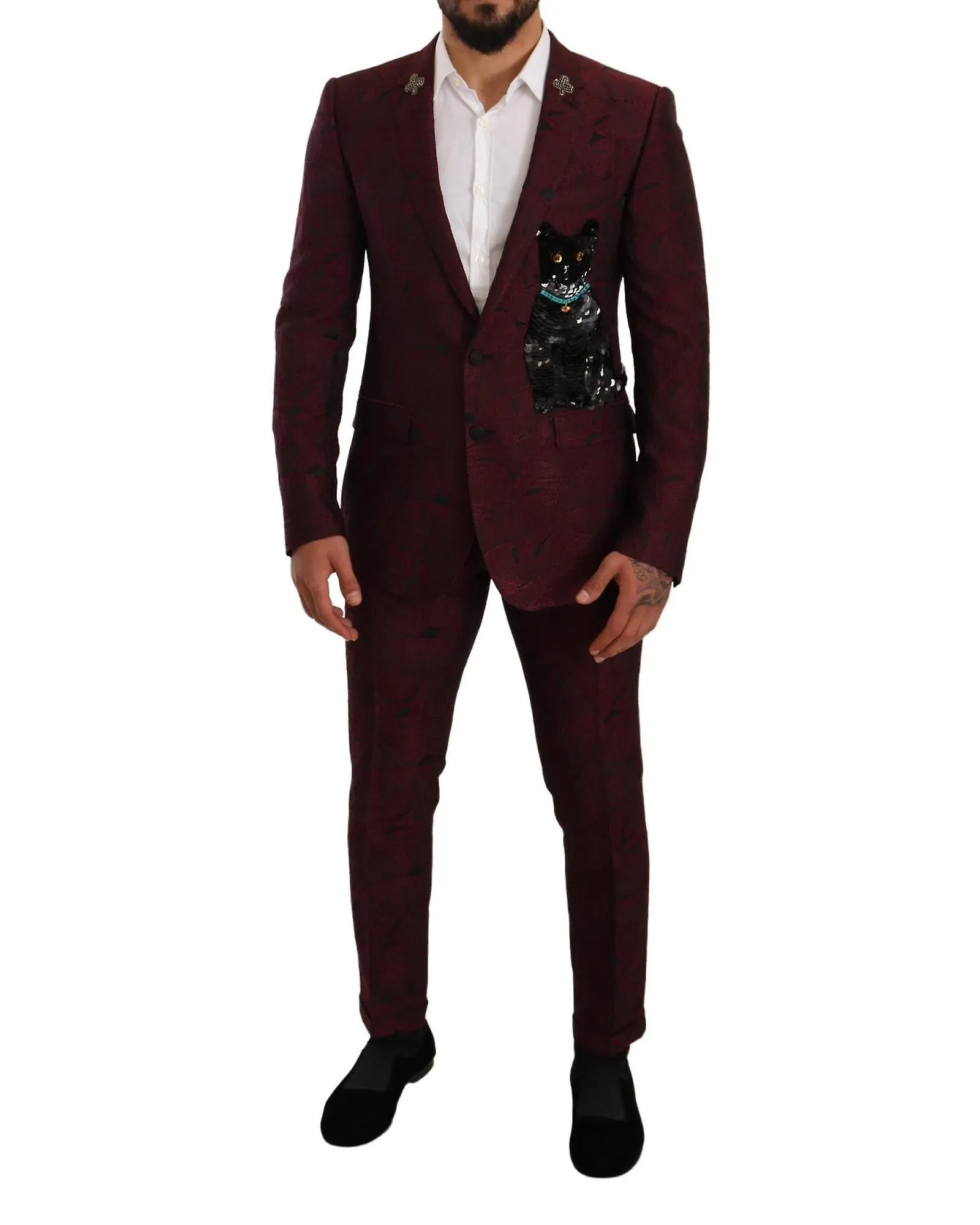 Dolce & Gabbana Sequin Martini 2 Piece Suit with Maroon Leaf Pattern