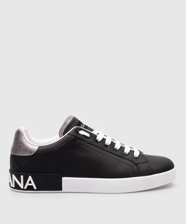 Dolce&Gabbana Black leather PORTOFINO sneakers with contrasting logo