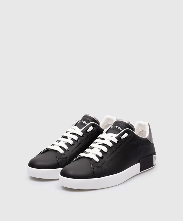 Dolce&Gabbana Black leather PORTOFINO sneakers with contrasting logo