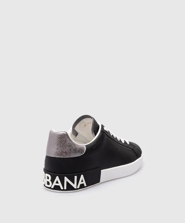 Dolce&Gabbana Black leather PORTOFINO sneakers with contrasting logo