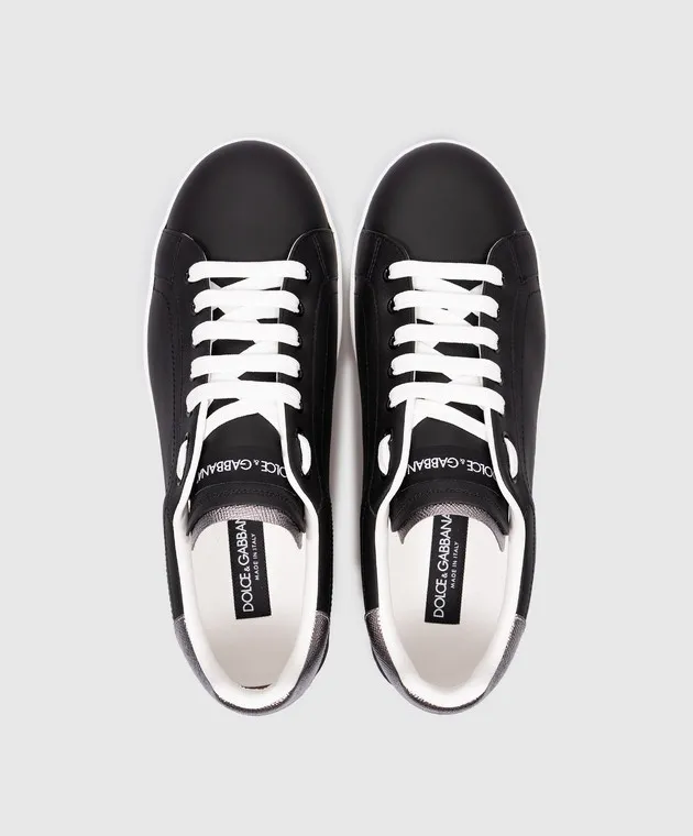 Dolce&Gabbana Black leather PORTOFINO sneakers with contrasting logo