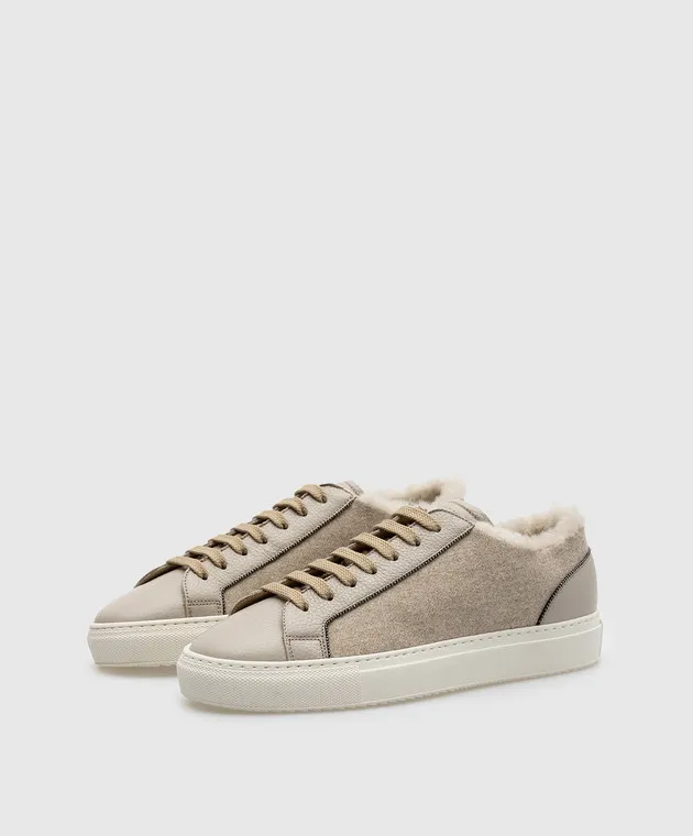 Doucal's Beige combined sneakers on fur with monil chain