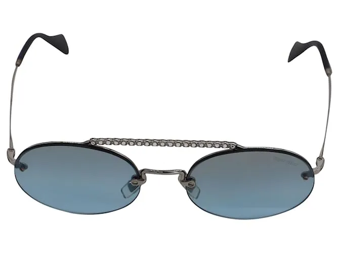 Gafas de sol ovaladas con barra de diamantes de imitación en metal azul claro de Miu Miu 