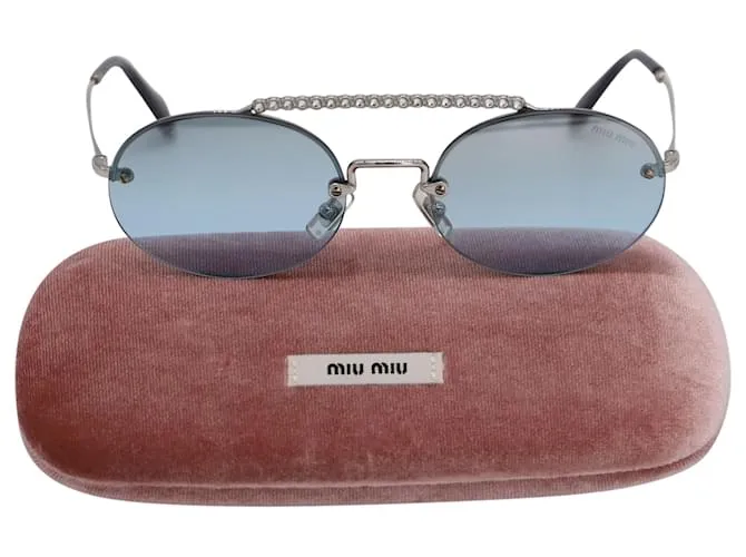 Gafas de sol ovaladas con barra de diamantes de imitación en metal azul claro de Miu Miu 