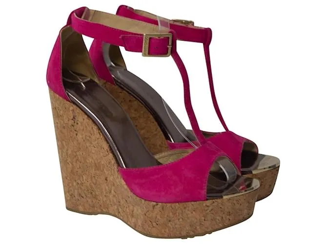 Jimmy Choo T-Bar Peep Toe cuña en gamuza rosa 