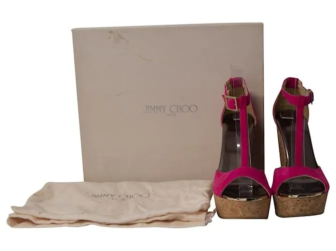 Jimmy Choo T-Bar Peep Toe cuña en gamuza rosa 