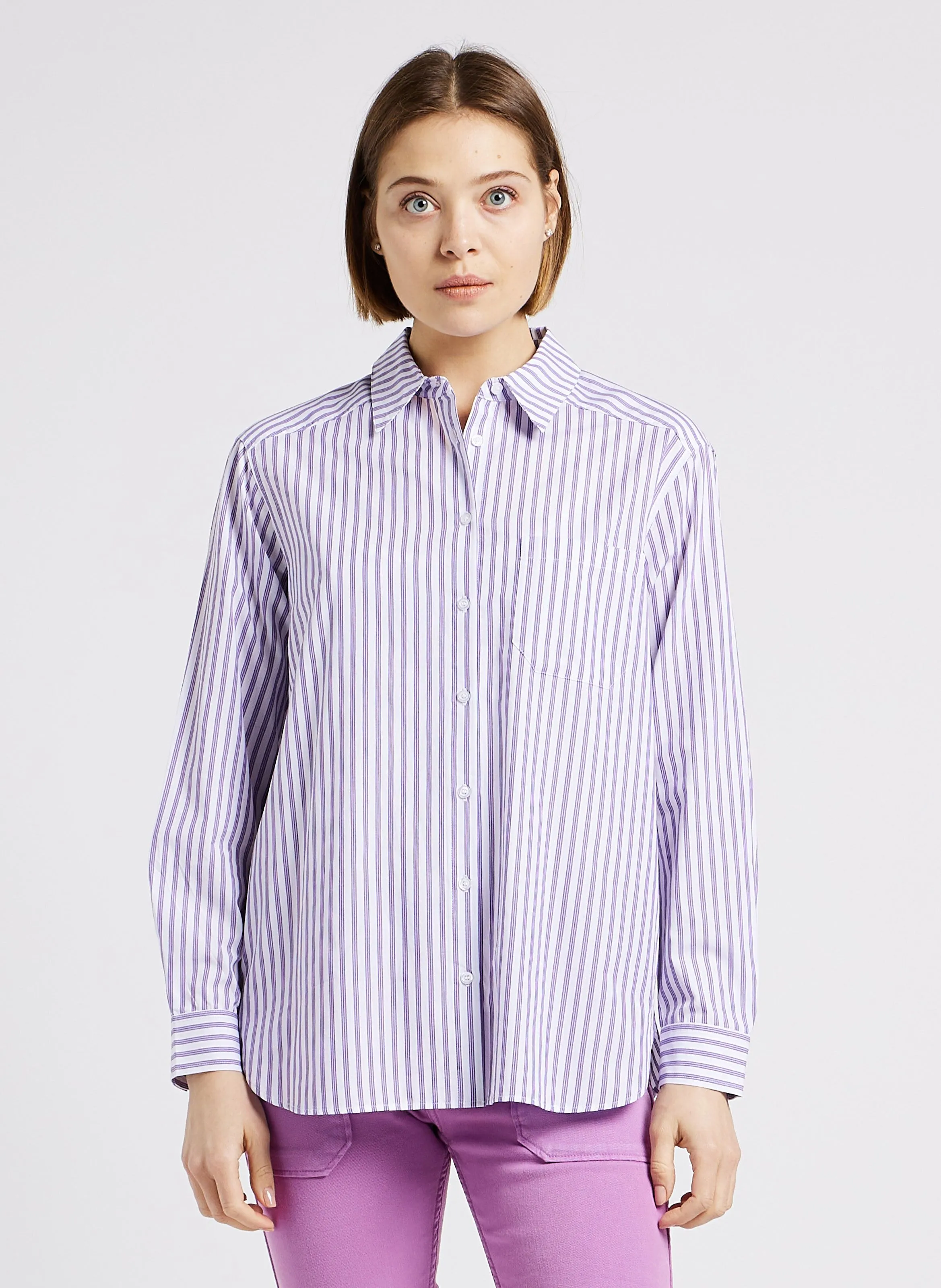 MAISON 123 THOMAS - Camisa holgada de algodón a rayas con cuello clásico en violeta