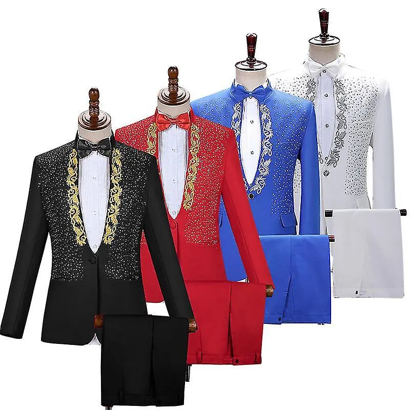 Men's 2 piece suit slim  Embroidered diamonds suit