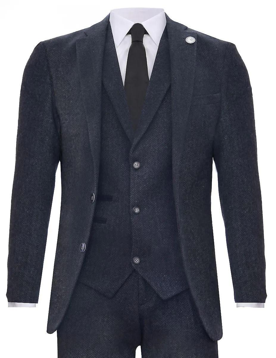 Men's 3 Piece Charcoal Grey Herringbone Tweed Suit