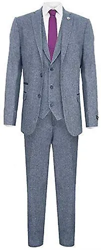 Mens Light Blue 3 Piece Tweed Suit Herringbone Wool