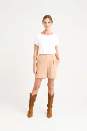 Short ciboria de cuero gamuza para mujer tiro alto